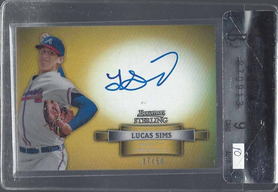 LUCAS SIMS 2012 BOWMAN STERLING GOLD REFRACTOR PROSPECT AUTO #D /50 BGS 9 10 AU