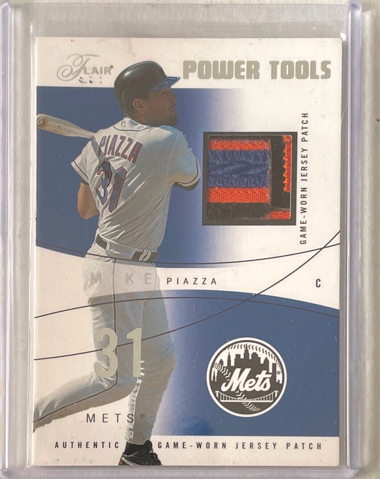 MIKE PIAZZA 2004 FLEER FLAIR POWER TOOLS GAME WORN 3 CLR JERSEY PATCH #D 057/125