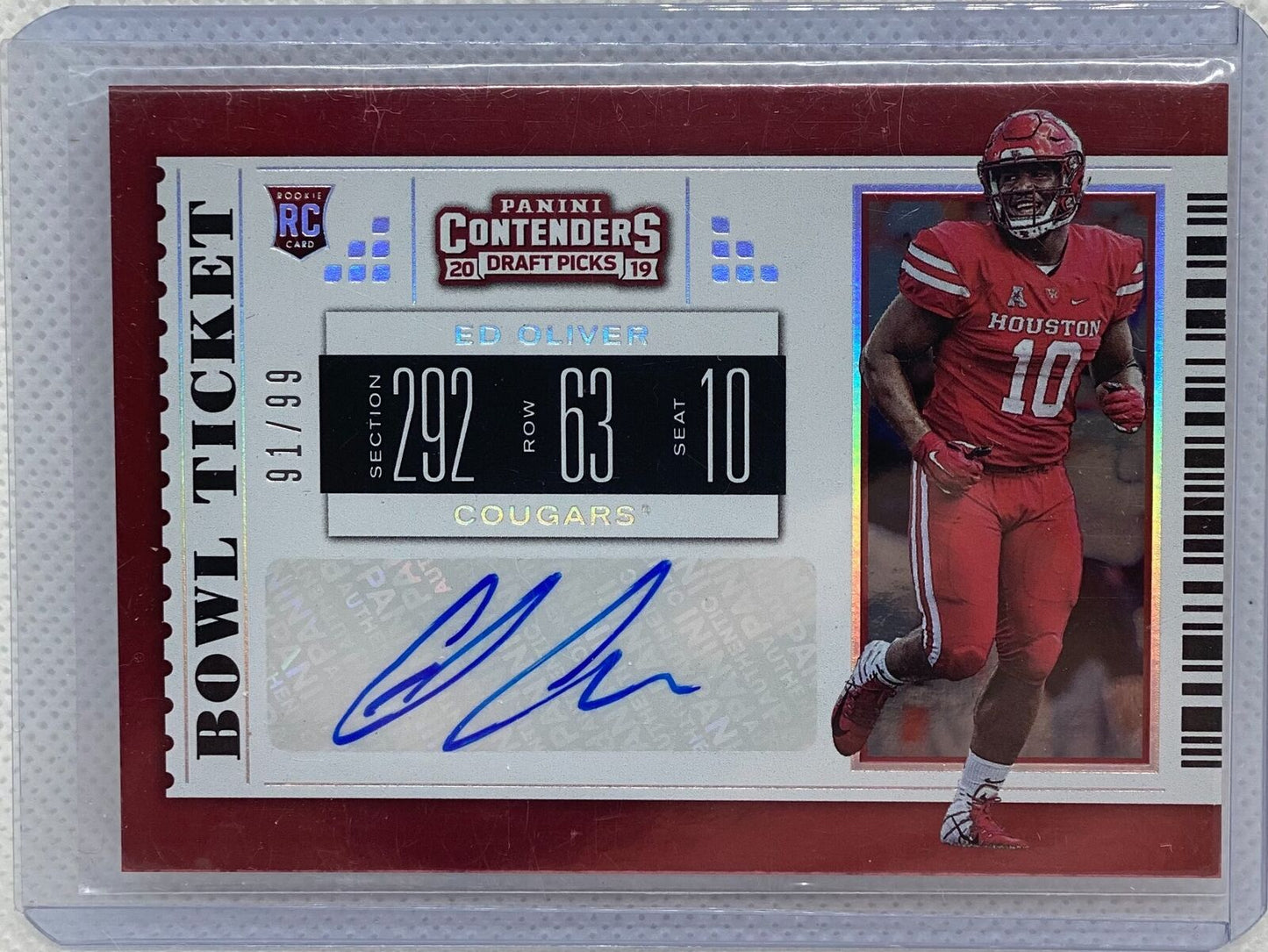 1/1 ED OLIVER 2019 PANINI CONTENDERS BOWL TICKET AUTO RC #D 91/99 JERSEY #91 !!!