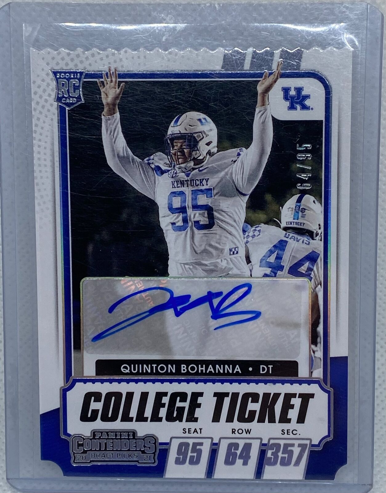 QUINTON BOHANNA 2021 PANINI CONTENDERS DP COLLEGE TICKET STUB AUTO RC #D /95