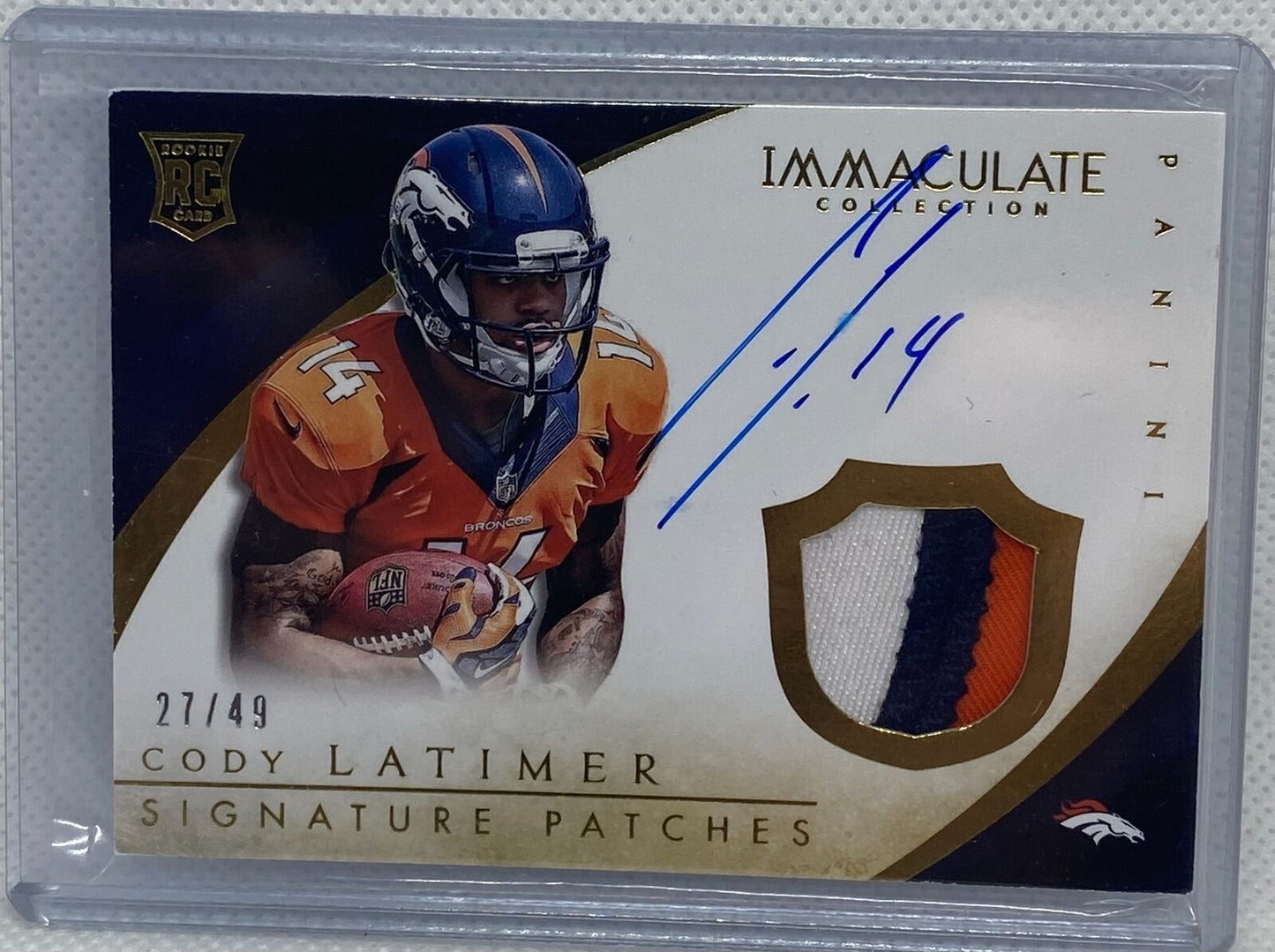 CODY LATIMER 2014 PANINI IMMACULATE COLLECTION PATCH ON CARD AUTO RC #D 27/49