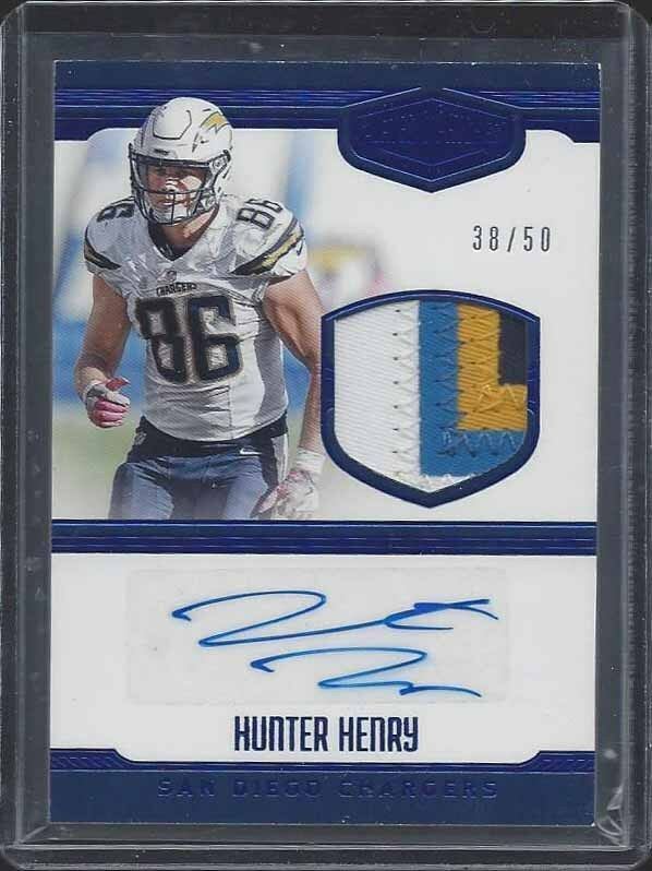 HUNTER HENRY 2016 PLATES & PATCHES BLUE 4 COLOR ROOKIE PATCH AUTO RC #D /50