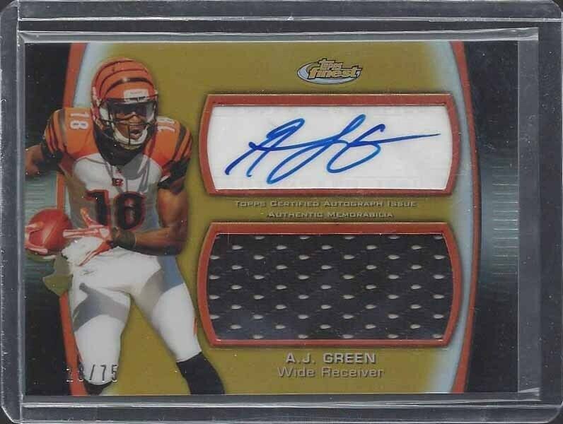 A.J. GREEN 2012 TOPPS FINEST GOLD REFRACTOR JUMBO JERSEY AUTO #D 28/75