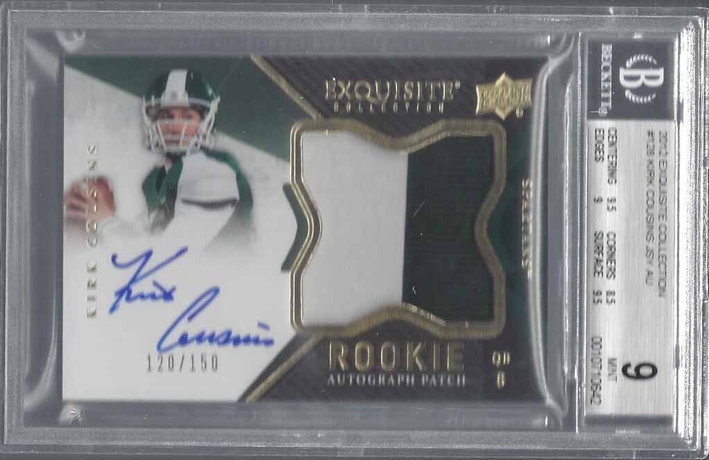 KIRK COUSINS 2012 UD EXQUISITE RPA 2 CLR PATCH AUTO RC /150 BGS 9 w/ 10 AU MINT