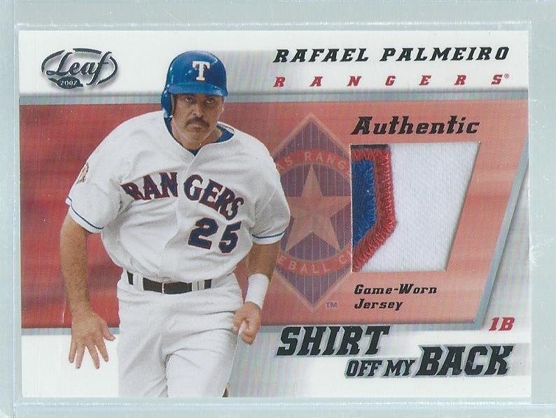 RAFAEL PALMEIRO 2002 DONRUSS LEAF SHIRT OFF MY BACK 3 COLOR PATCH