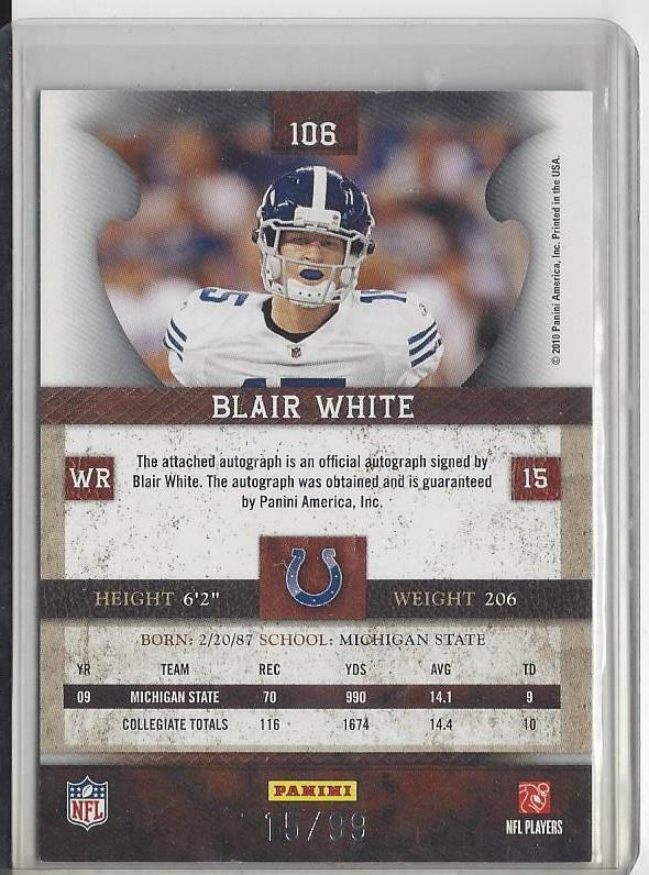 1/1 BLAIR WHITE 2010 PLATES & PATCHES RED ROOKIE AUTO RC #D 15/99 HIS JERSEY #15