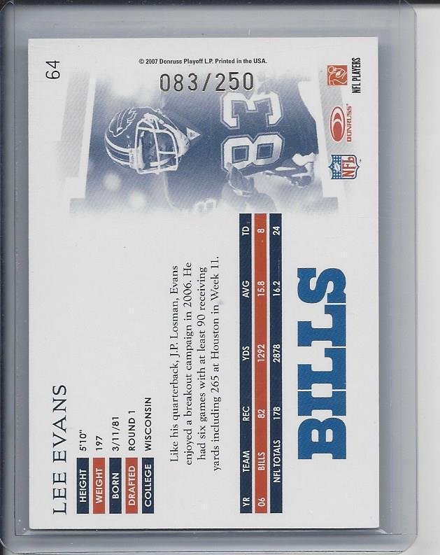 1/1 LEE EVANS 2007 DONRUSS THREADS BRONZE HOLOFOIL #D 83/250 HIS JERSEY #83!!!!