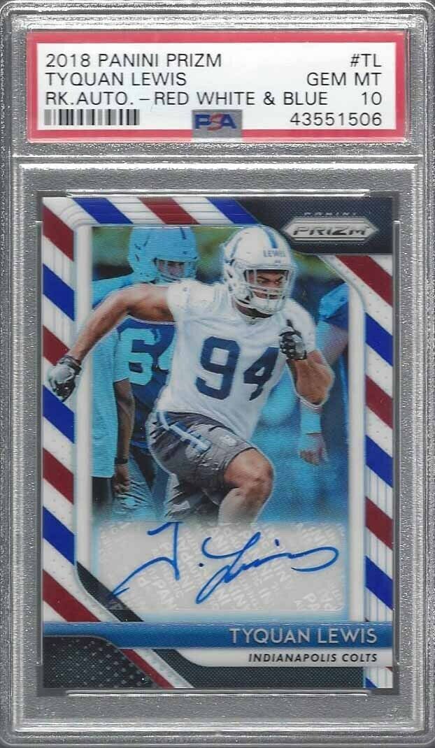 TYQUAN LEWIS 2018 PANINI PRIZM RED WHITE BLUE SSP PRIZMS AUTO RC PSA 10 POP 1/1