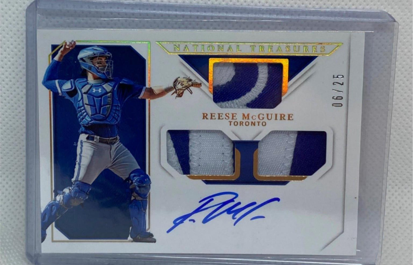 REESE MCGUIRE 2019 PANINI NATIONAL TREASURES TRIPLE PATCH ON CARD AUTO #D 06/25
