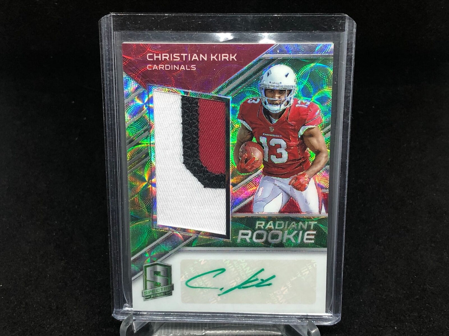 CHRISTIAN KIRK 2018 PANINI SPECTRA GREEN RADIANT 3 CLR PATCH AUTO RC #D 35/35