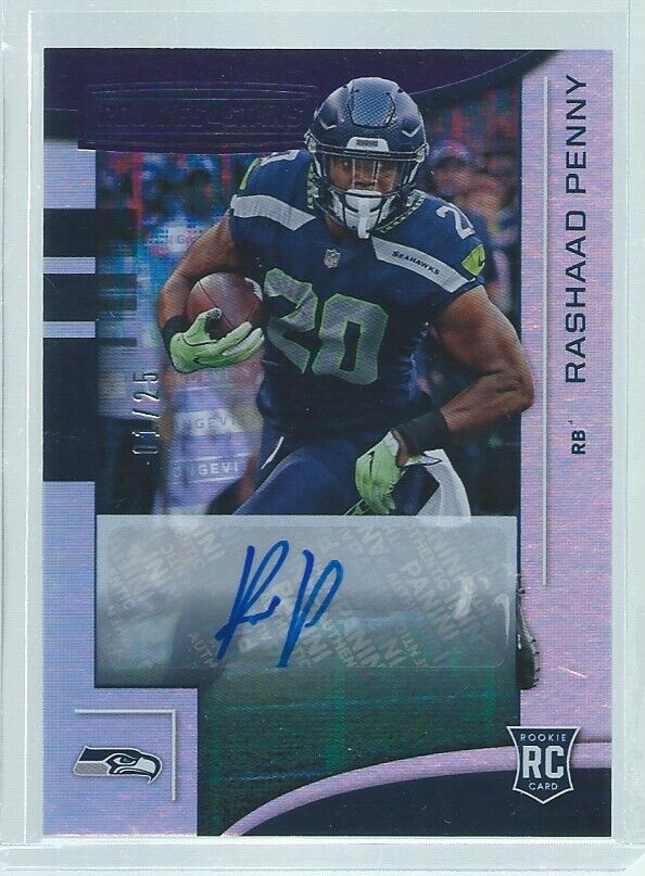 RASHAAD PENNY 2018 PANINI ROOKIES & STARS LONGEVITY AUTO PURPLE RC #D 10/25