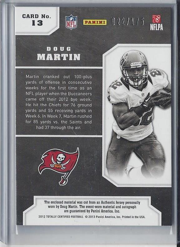 1/1 DOUG MARTIN TOTALLY CERTIFIED FUTURE JERSEY AUTO RC #D 22/175 HIS JERSEY #22