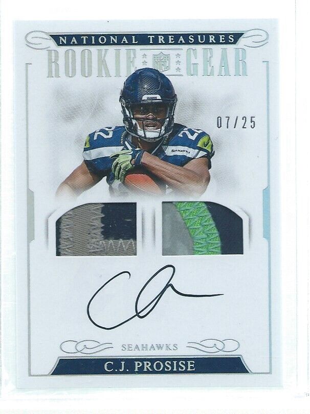 C.J. PROSISE 2016 NATIONAL TREASURES DUAL GEAR PATCH ON CARD AUTO RC #D 7/25