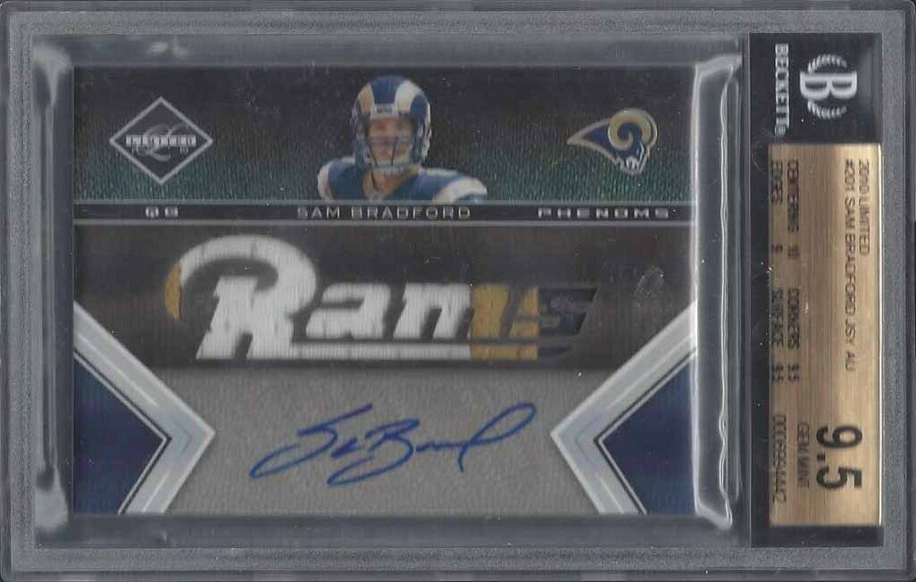 SAM BRADFORD 2010 LIMITED PHENOMS RPA JUMBO 3 CLR PATCH AUTO RC /199 BGS 9.5 10