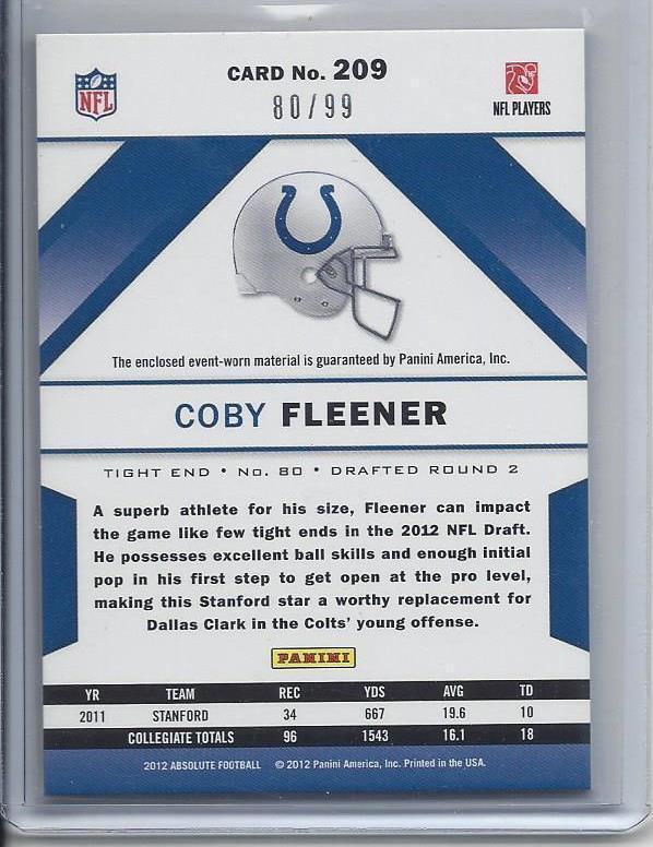 1/1 COBY FLEENER 2012 ABSOLUTE RPM TRIPLE JERSEY RC #D 80/99 HIS JERSEY #80!!!!