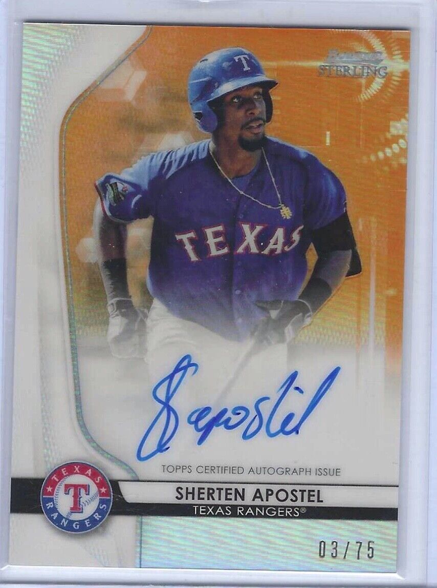SHERTEN APOSTEL 2020 BOWMAN STERLING ORANGE REFRACTOR ON CARD AUTO #d /75