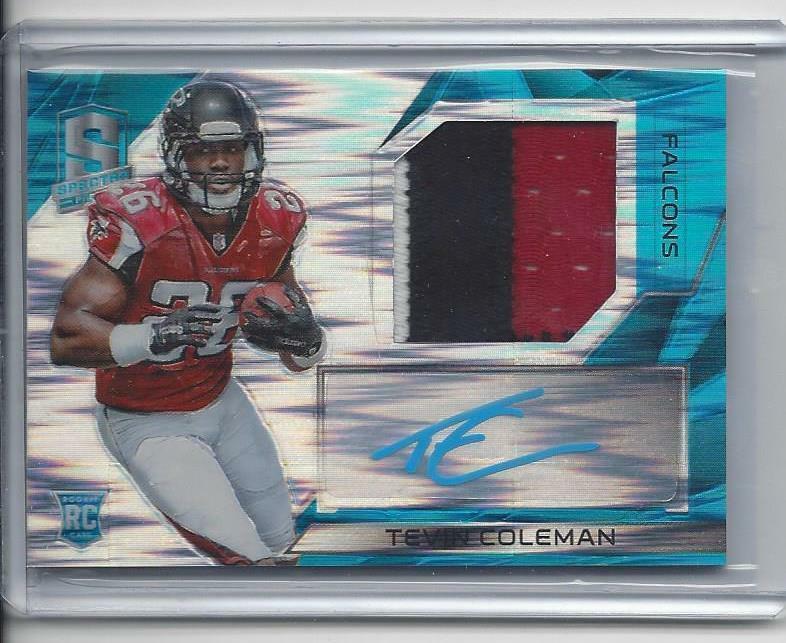 TEVIN COLEMAN 2015 SPECTRA NEON BLUE PRIZM REFRACTOR 3 COLOR PATCH AUTO RC /50