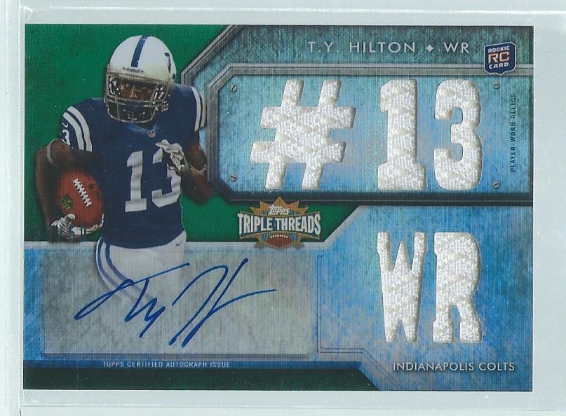 TY HILTON 2012 TOPPS TRIPLE THREADS TRIPLE JERSEY AUTO GREEN RC #D 39/50
