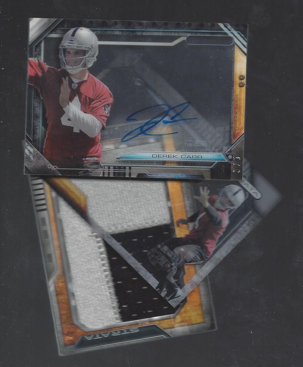 DEREK CARR 2014 TOPPS STRATA RIVET SHADOWBOX JUMBO PATCH ON CARD AUTO RC #D 3/5