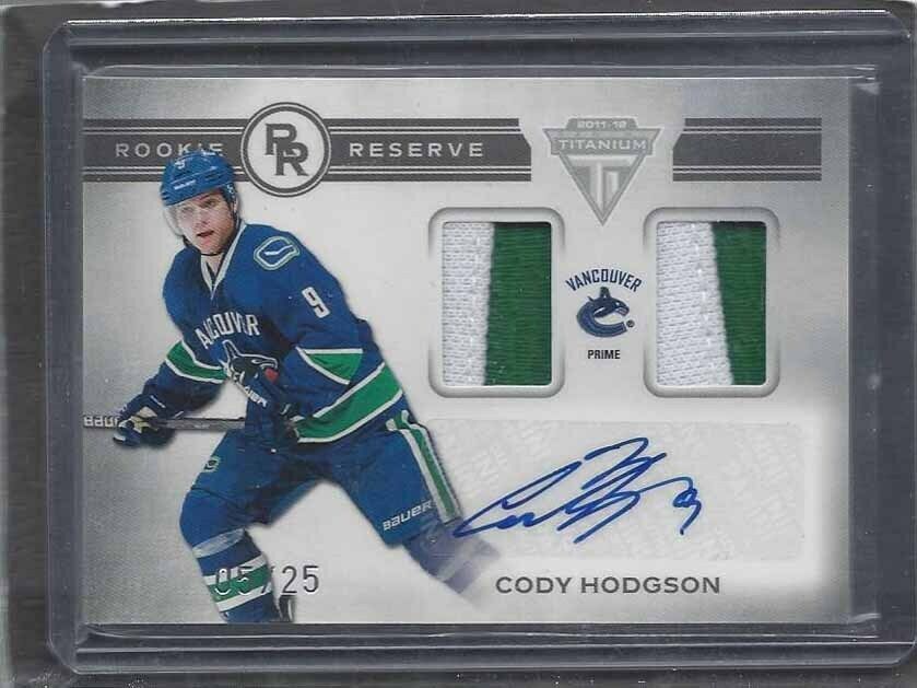 CODY HODGSON 2011-12 TITANIUM ROOKIE RESERVE DUAL PATCH AUTO RC #D 5/25