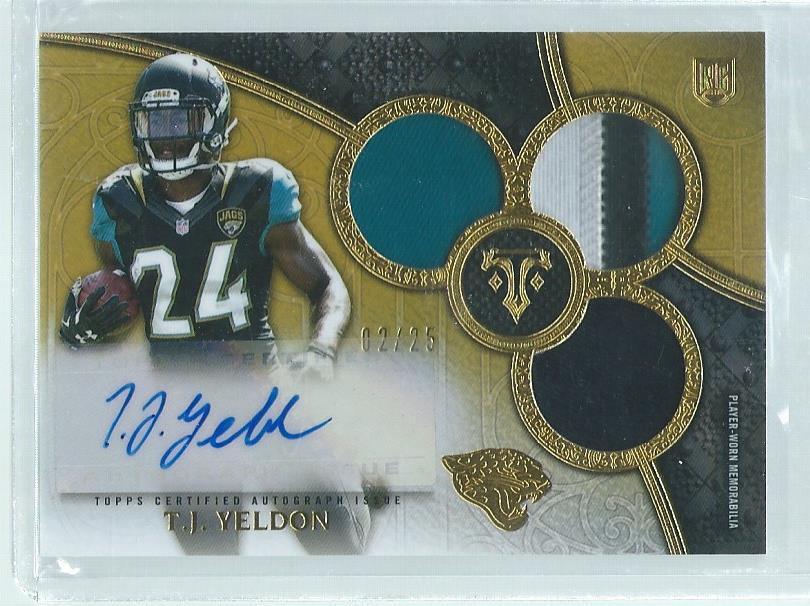 T.J. YELDON 2015 TOPPS TRIPLE THREAD TRIPLE PATCH AUTO GOLD RC #D 2/25