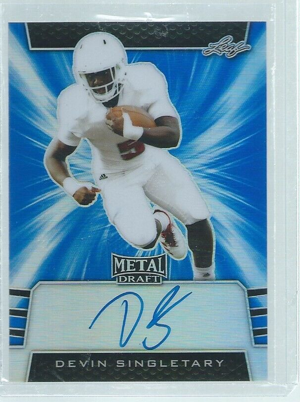 DEVIN SINGLETARY 2019 LEAF METAL DRAFT ON CARD AUTO BLUE PRISMATIC RC #D 29/35