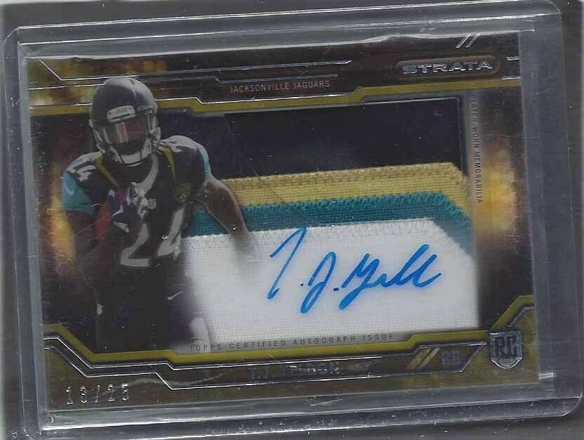 T.J. YELDON 2015 TOPPS STRATA GOLD CLEAR CUT JUMBO 4 CLR PATCH AUTO RC #D 13/25