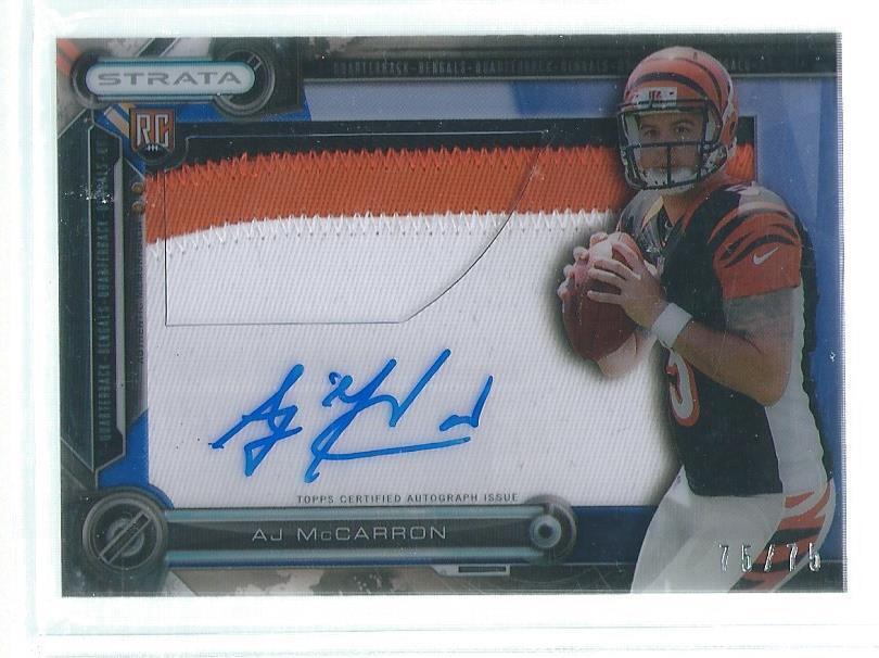 AJ MCARRON 2014 TOPPS STRATA CLEAR CUT 3 COLOR PATCH ON CARD AUTO BLUE RC #D /75