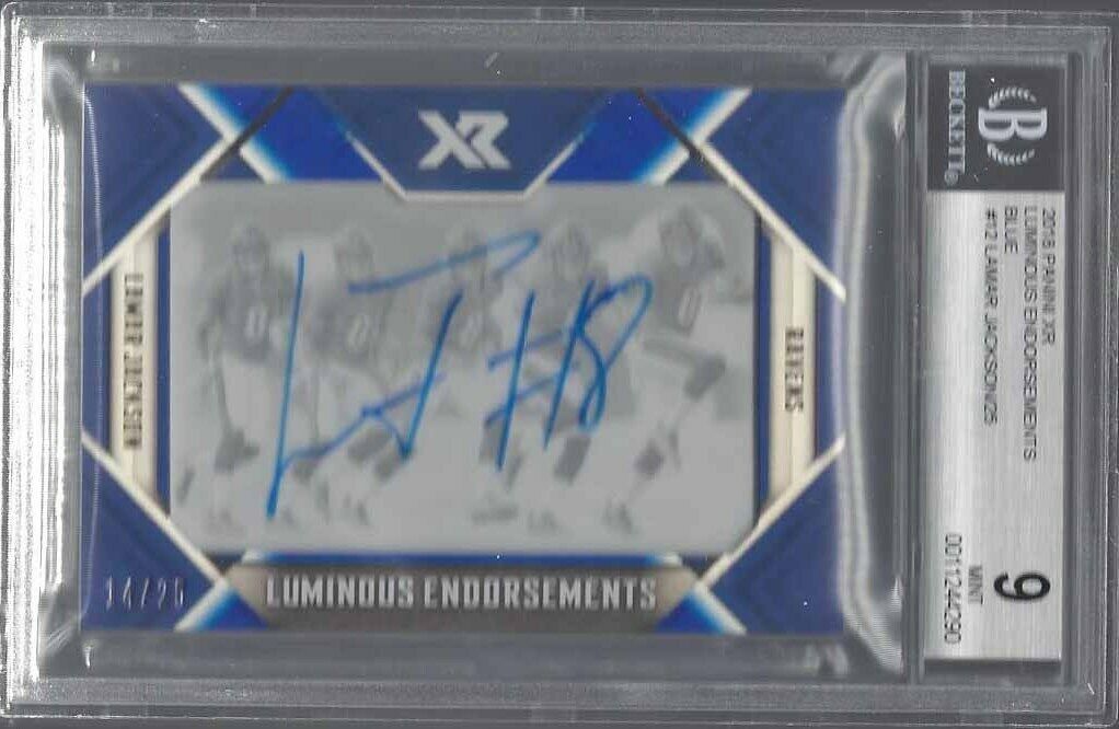 LAMAR JACKSON 2018 XR LUMINOUS BLUE ON CARD AUTO RC #D 14/25 BGS 9 10 AU POP 1/1