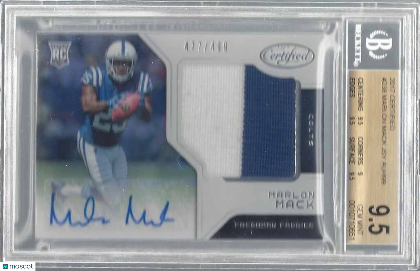 MARLON MACK 2017 CERTIFIED FRESHMAN FABRIC PATCH AUTO RC /499 BGS 9.5 10 AU POP3