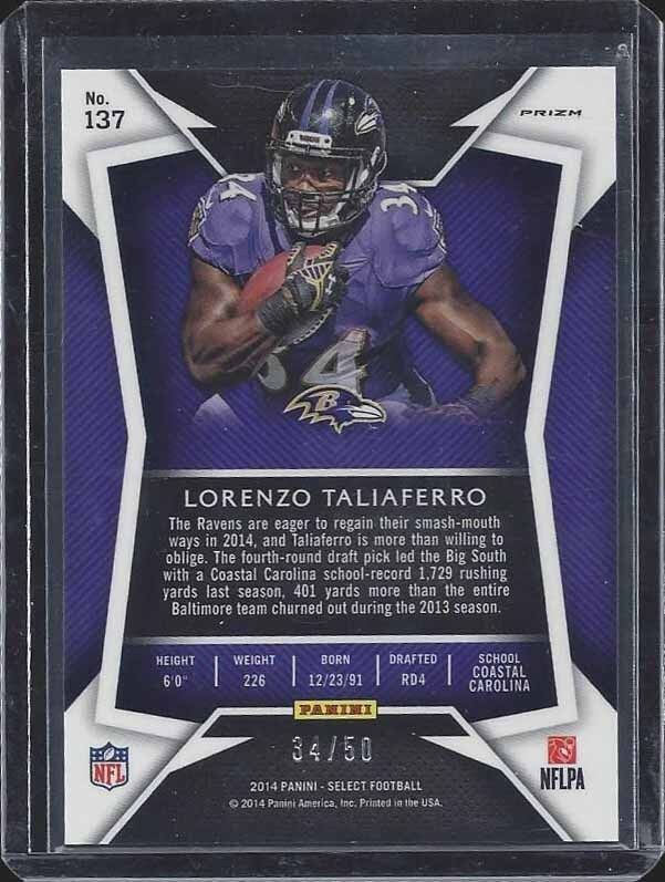 1/1 LORENZO TALIAFERRO 2014 SELECT BLUE PRIZM REFRACTOR RC #D 34/50 JERSEY #34!!