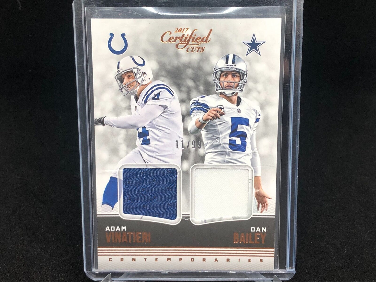 ADAM VINATIERI DAN BAILEY 2017 CERTIFIED CUTS 2 CLR JERSEY RELIC #D 11/99