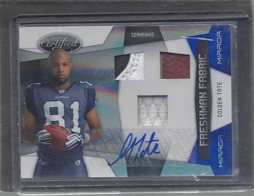 GOLDEN TATE 2010 CERTIFIED BLUE FRESHMAN FABRIC TRIPLE PATCH AUTO RC #D 46/50