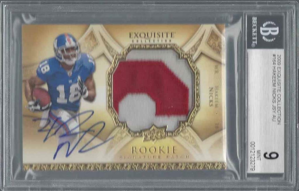 HAKEEM NICKS 2008 UD EXQUISITE RPA PATCH AUTO RC #D 105/225 BGS 9 w 10 AUTO MINT