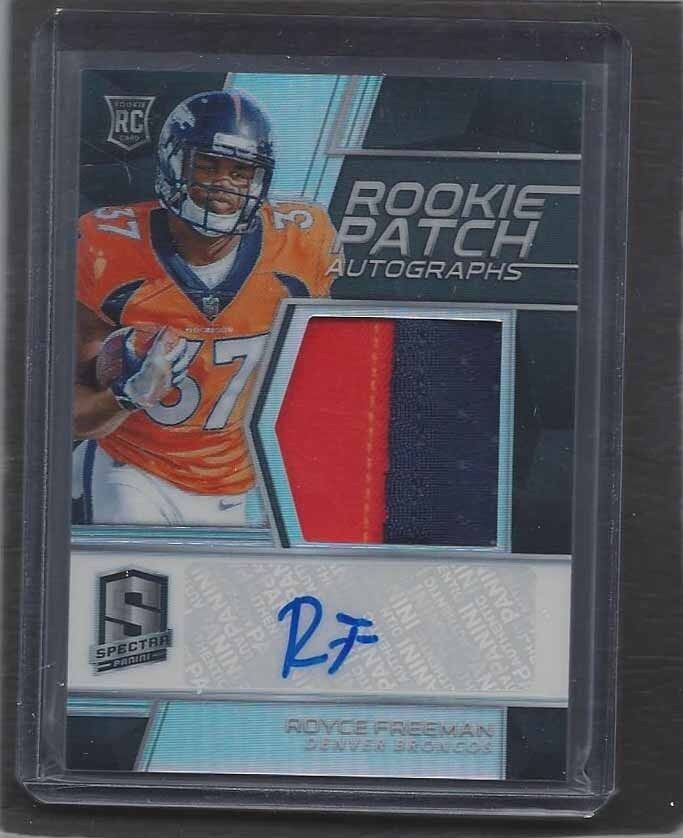 ROYCE FREEMAN 2018 PANINI SPECTRA BRONCOS ROOKIE 2 COLOR PATCH AUTO RC #D 83/99