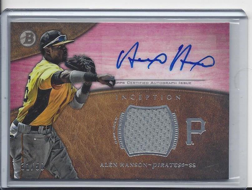 ALEN HANSON 2014 BOWMAN INCEPTION PINK PIRATES PROSPECT JERSEY AUTO #D 31/50