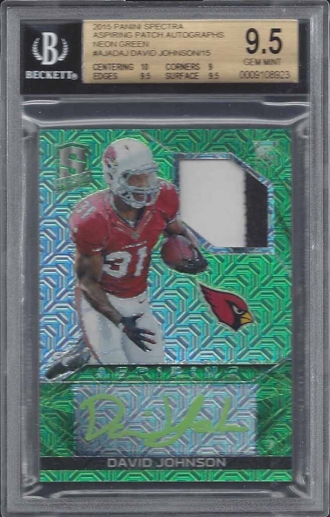 DAVID JOHNSON 2015 SPECTRA ASPIRING NEON GREEN PRIZM PATCH AUTO RC /15 BGS 9.5