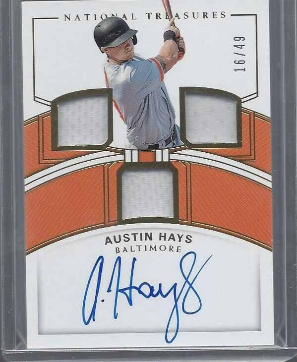 AUSTIN HAYS 2018 NATIONAL TREASURES GOLD TRIPLE JERSEY ON CARD AUTO #D 16/49