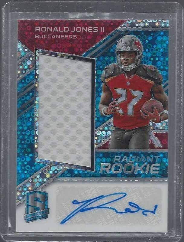 RONALD JONES II 2018 SPECTRA RADIANT ROOKIE BLUE PRIZM PATCH AUTO RC #D 96/99