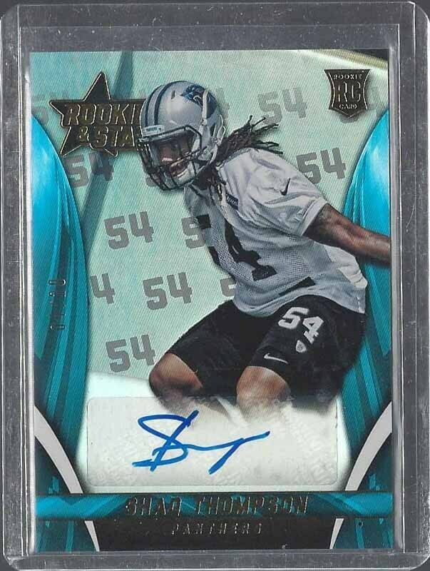 SHAQ THOMPSON 2015 ROOKIES & STARS JERSEY NUMBER FOIL BACKGROUND AUTO RC #D 4/20