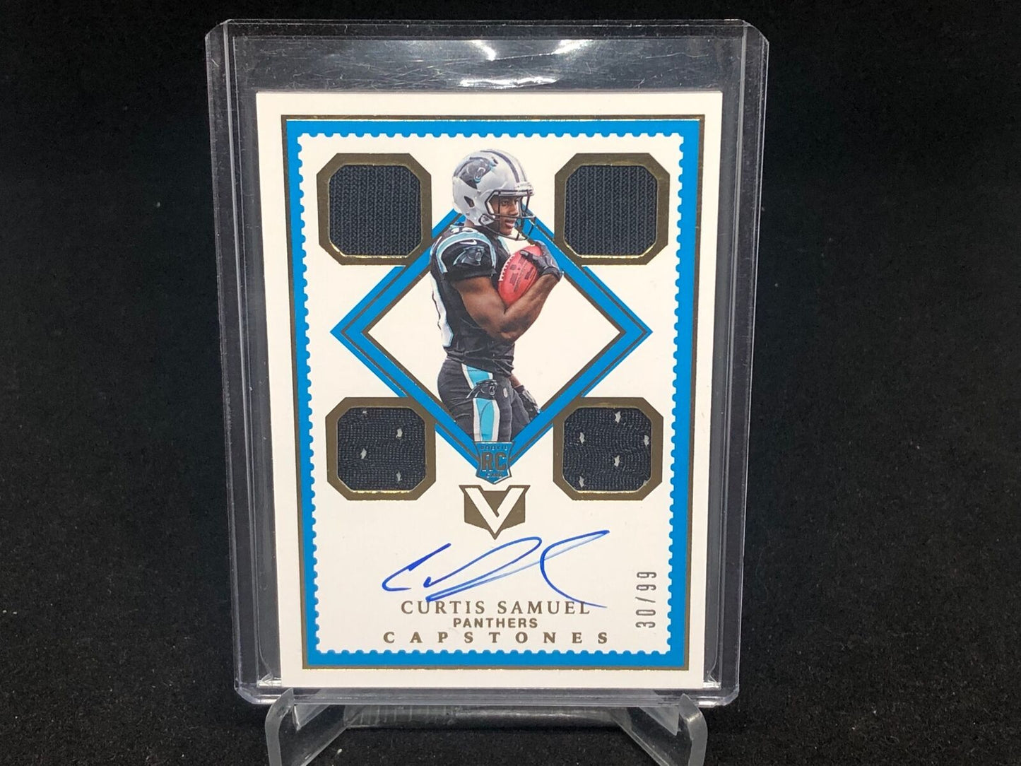 CURTIS SAMUEL 2017 PANINI VERTEX CAPSTONES QUAD JERSEY ON CARD AUTO RC #D 30/99