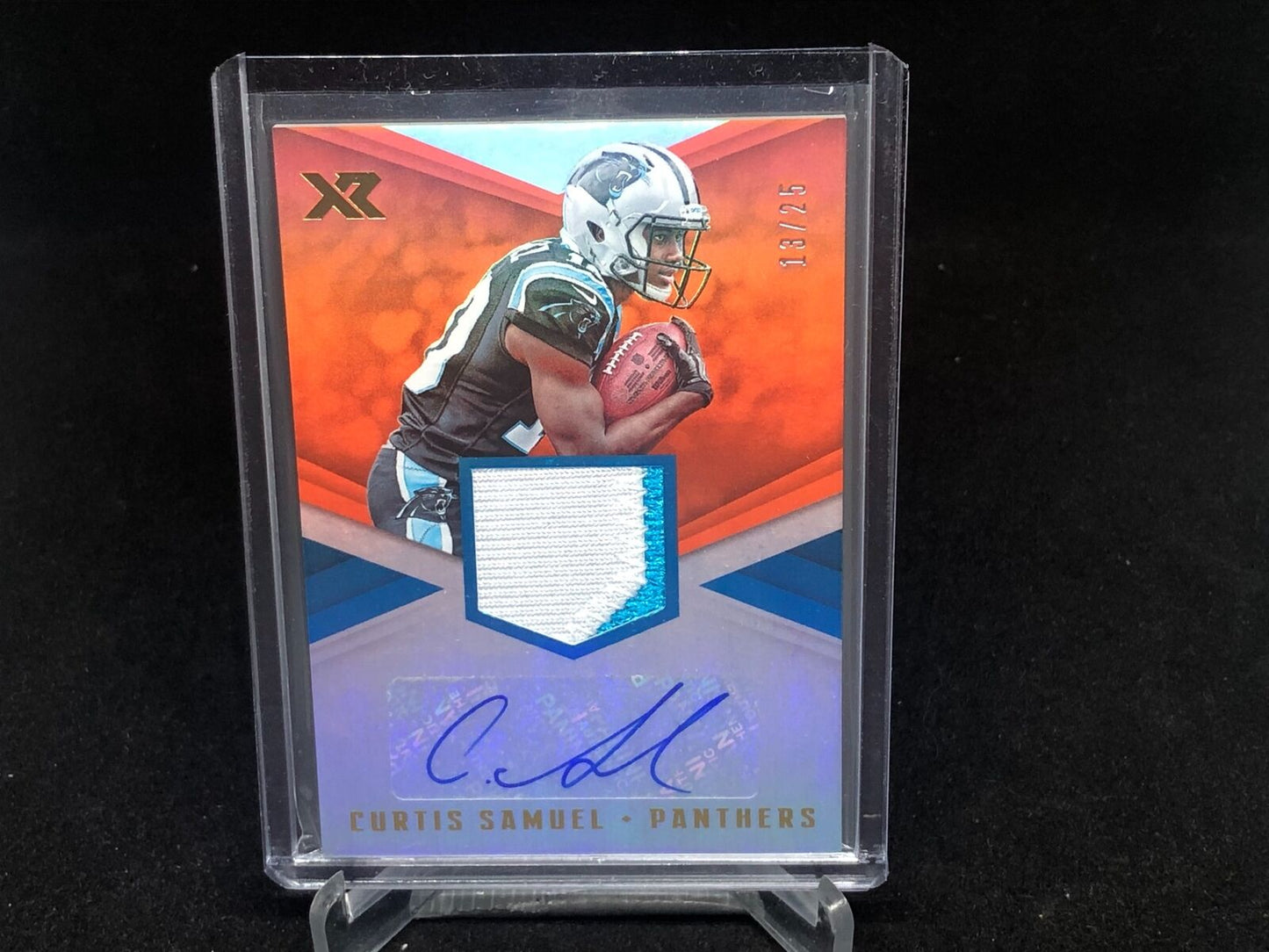 CURTIS SAMUEL 2017 PANINI XR ORANGE 2 CLR PATCH AUTO RC #D 13/25