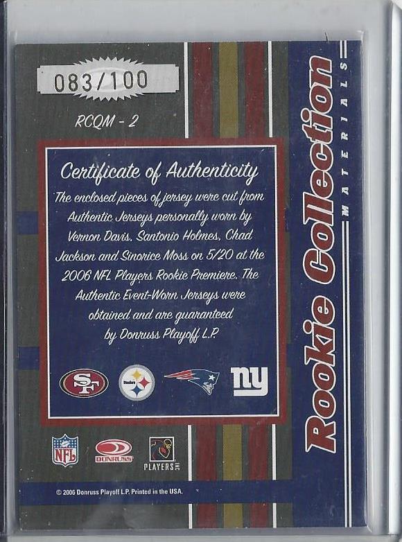 1/1 SINORICE MOSS VERNON DAVIS SANTONIO 2006 THREADS JERSEY RC #D 83/100 JSY #83