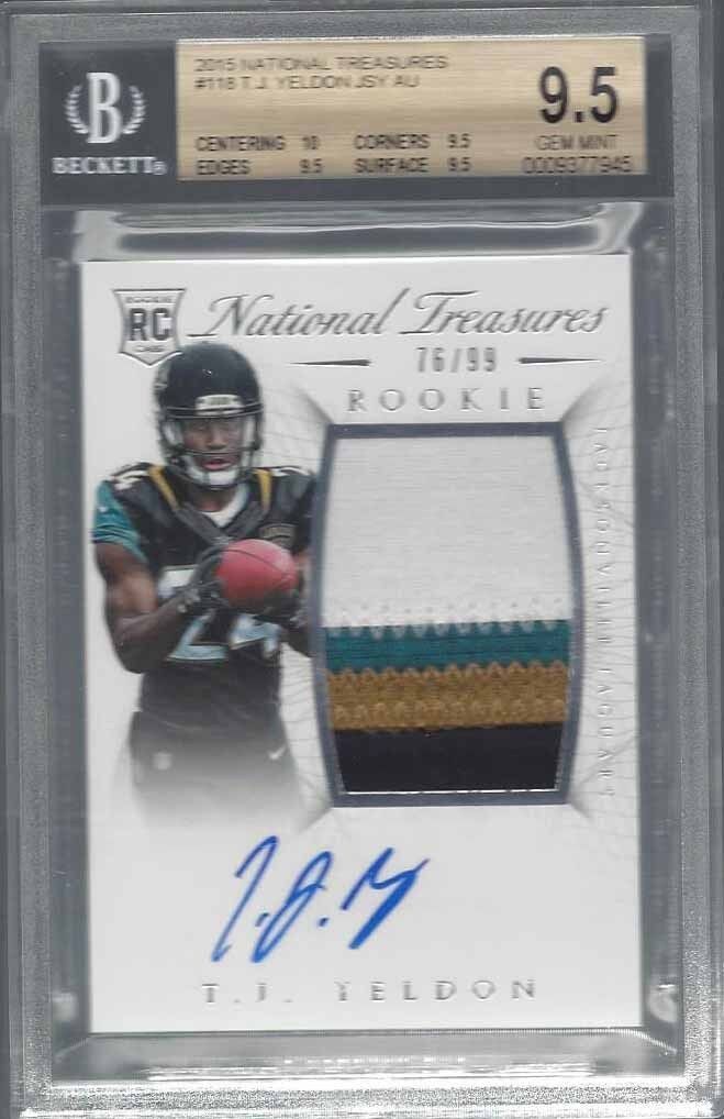 T.J. YELDON 2015 NATIONAL TREASURES RPA 4 CLR PATCH TRUE RC AUTO /99 BGS 9.5 10