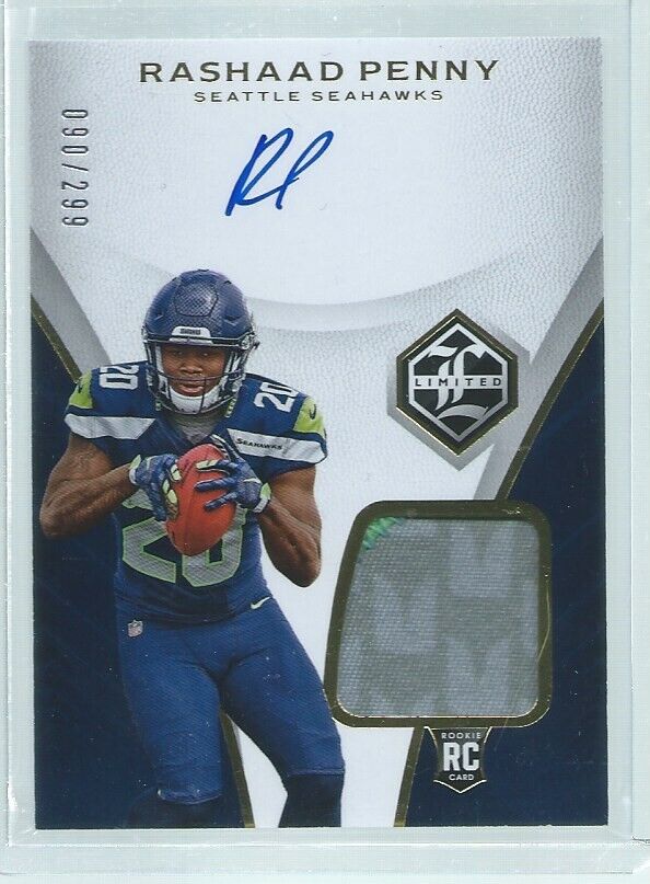 RASHAAD PENNY 2018 PANINI LIMITED 2 COLOR PATCH ON CARD AUTO RC #D 90/299