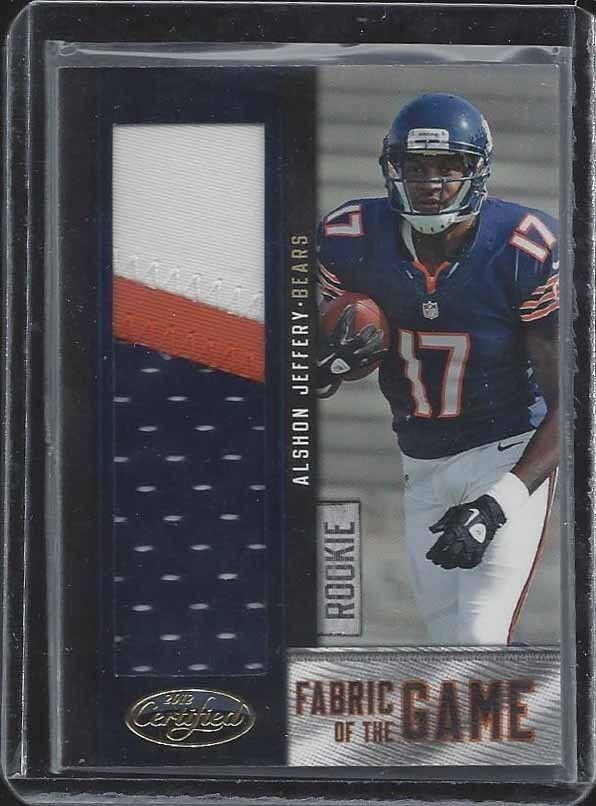 ALSHON JEFFERY 2012 CERTIFIED FABRIC OF THE GAME JUMBO 3 COLOR PATCH RC #D 25/49