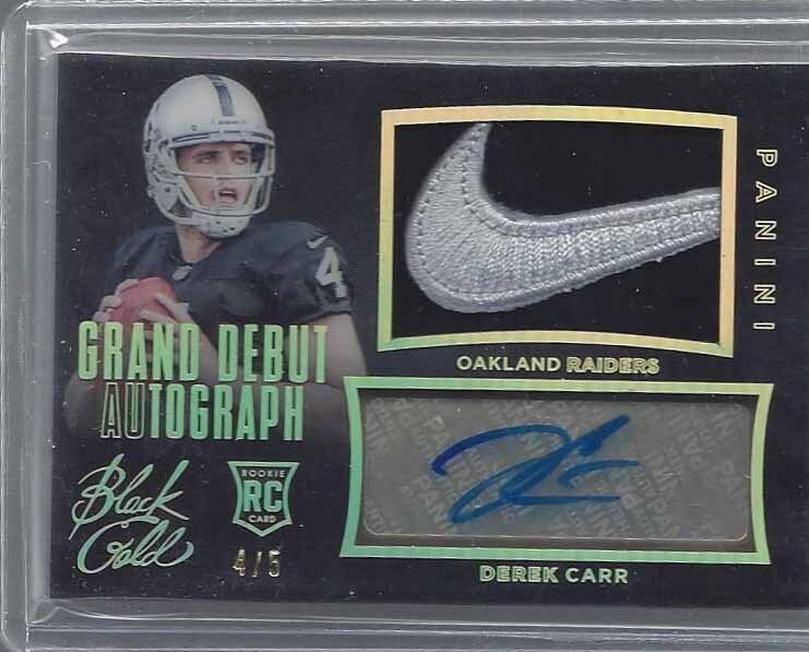 1/1 DEREK CARR 2014 BLACK GOLD GRAND DEBUT NIKE LOGO PATCH AUTO RC #D 4/5 JSY #4