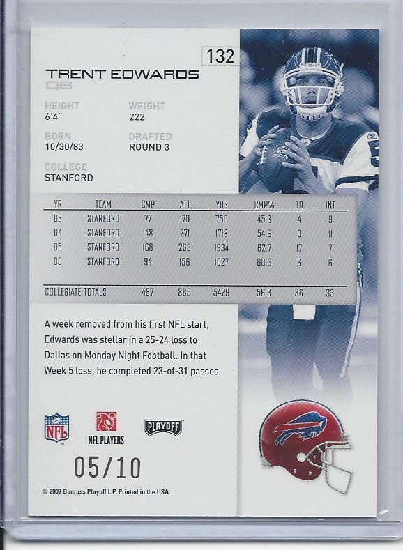 1/1 TRENT EDWARDS 2007 PLAYOFFS PROOF ROOKIE GOLD RC #D 5/10 HIS JERSEY #5!!!