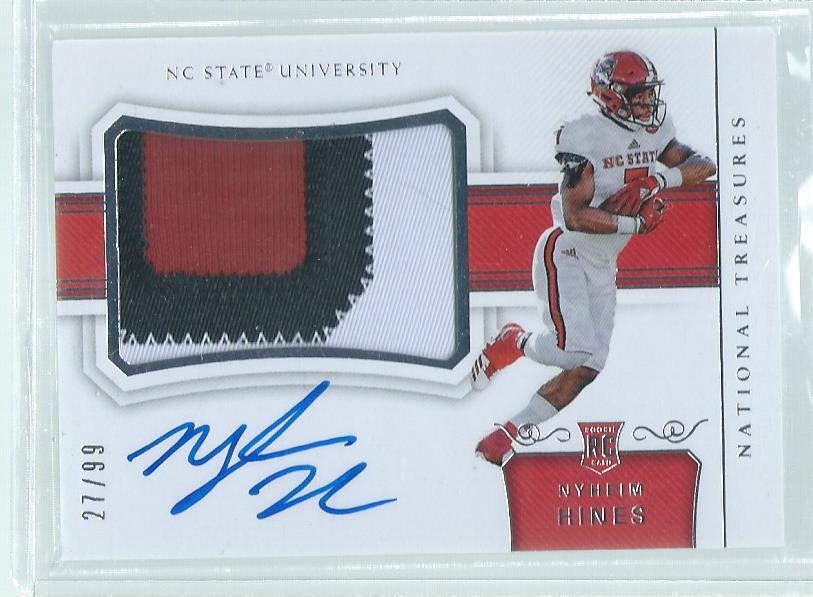 NYHEIM HINES 2018 NATIONAL TREASURES 3 COLOR PATCH ON CARD AUTO RC #D /99