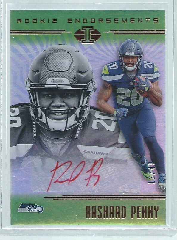 RASHAAD PENNY 2018 PANINI ILLUSIONS ROOKIE ENDORSEMENTS AUTO RED RC #D 12/49